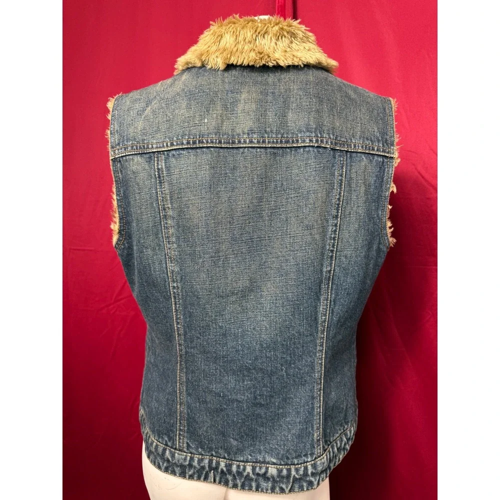 Y2K Gap Vintage 90s Denim Faux Fur Lined Vest Blue Medium